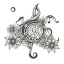 music notes, ocean waves, stars, galaxy, hawthorn flower, aster flower, intertwined tattoo design idea