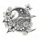 music notes, ocean waves crashing, stars, galaxy, hawthorn flower, aster flower, music, sky, beach, celestial, moon tattoo design idea