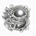 music notes, ocean waves crashing, stars, galaxy, hawthorn flower, aster flower, music, sky, beach, celestial, moon tattoo design idea