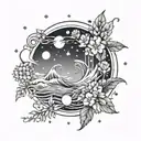 music notes, ocean waves crashing, stars, galaxy, hawthorn flower, aster flower, music, sky, beach, celestial, moon tattoo design idea