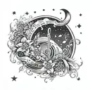music notes, ocean waves crashing, stars, galaxy, hawthorn flower, aster flower, music, sky, beach, celestial, moon tattoo design idea