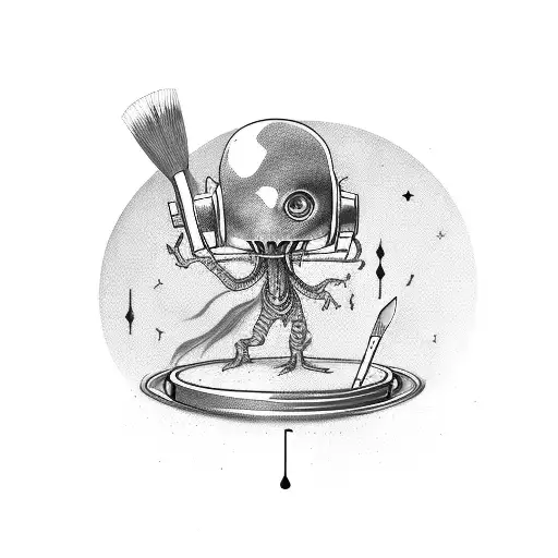 an alien holding a paintbrush, creating vibrant music notes tattoo design idea