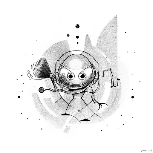 An abstract composition featuring an alien holding a paintbrush, creating vibrant music notes tattoo design idea