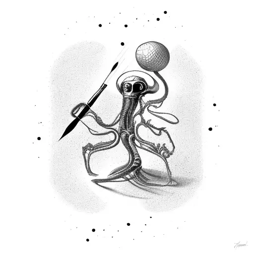 An abstract composition featuring an alien holding a paintbrush, creating vibrant music notes tattoo design idea