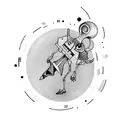 An abstract composition featuring an alien holding a paintbrush, creating vibrant music notes tattoo design idea