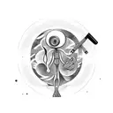 An abstract composition featuring an alien holding a paintbrush, creating vibrant music notes tattoo design idea