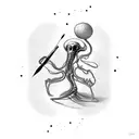 An abstract composition featuring an alien holding a paintbrush, creating vibrant music notes tattoo design idea