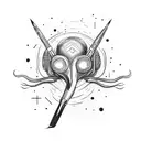 An abstract composition featuring an alien holding a paintbrush, creating vibrant music notes tattoo design idea