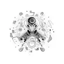 An abstract composition featuring an alien holding a paintbrush, creating vibrant music notes tattoo design idea