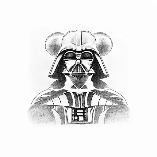 a dotwork of darth vader and mickey in front of disney castle in marvel universe tattoo design idea