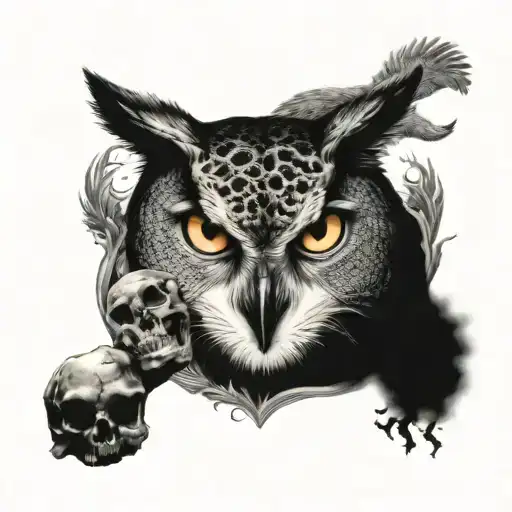 owl on top of a skull a wolf and a panther  tattoo design idea