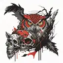owl on top of a skull a wolf and a panther  tattoo design idea