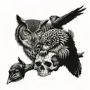 owl on top of a skull a wolf and a panther  tattoo design idea