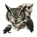 owl on top of a skull a wolf and a panther  tattoo design idea