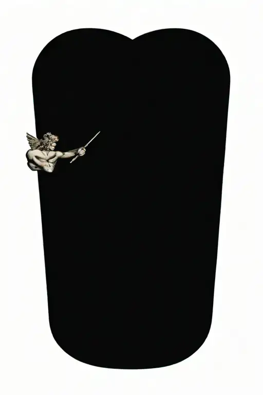 greek god Eros holding up a heart pierced with an arrow, blindfolded,  tattoo design idea