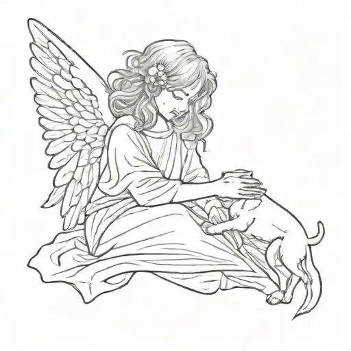 A sketch of an angel holding a dog's paw, symbolizing the bond between pets and their owners, with a subtle suicide awareness ribbon in the background tattoo design idea