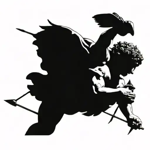 greek god Eros holding up a heart pierced with an arrow, blindfolded,  tattoo design idea