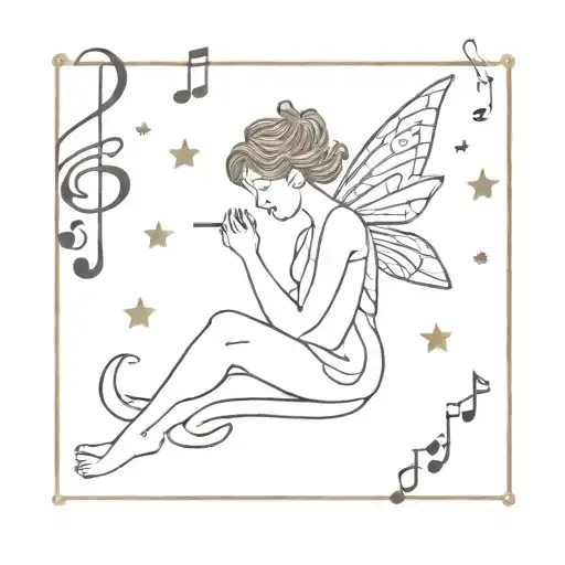 A fairy writing in a journal surrounded by music notes and stars tattoo design idea