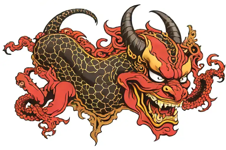 red hannya mask with brown snake  tattoo design idea
