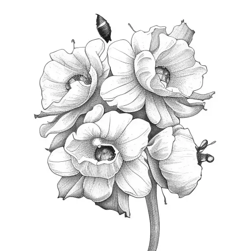 narcissus, holly, and poppy bouquet  tattoo design idea