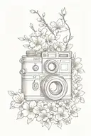 A sketch of a vintage camera intertwined with Japanese cherry blossoms and a drifting car, representing the client's love for photography and JDM culture tattoo design idea
