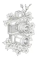 A sketch of a vintage camera intertwined with Japanese cherry blossoms and a drifting car, representing the client's love for photography and JDM culture tattoo design idea