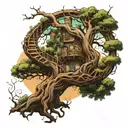 A tree with intricate roots, a twisted trunk, and a spiral staircase wrapping around it leading up to a lush canopy  tattoo design idea