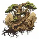 A tree with intricate roots, a twisted trunk, and a spiral staircase wrapping around it leading up to a lush canopy  tattoo design idea