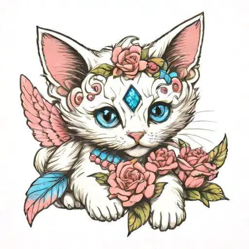 bright blue eyed white kitten with angel wings covered in pink gems and pink flowers  tattoo design idea
