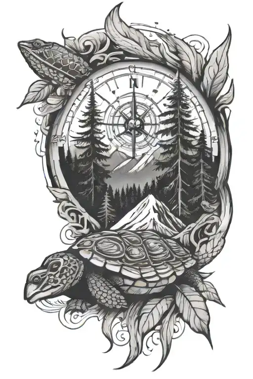 nature mountain trees river turtle compass campfire sleeve tattoo design idea