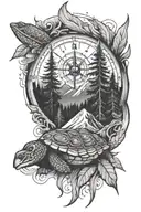 nature mountain trees river turtle compass campfire sleeve tattoo design idea