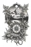 nature mountain trees river turtle compass campfire sleeve tattoo design idea