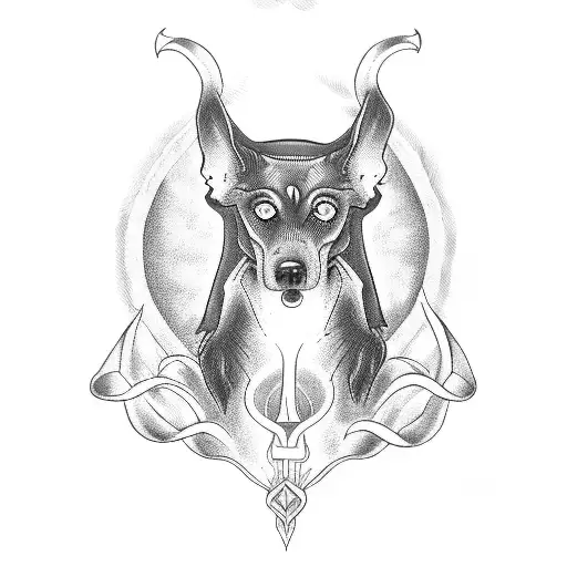 A blackwork tattoo of a tarot card depicting a three-headed hell hound tattoo design idea