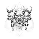 A devil holding a tarot card with a three-headed hell hound on it tattoo design idea