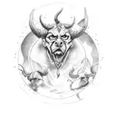 A devil holding a tarot card with a three-headed hell hound on it tattoo design idea