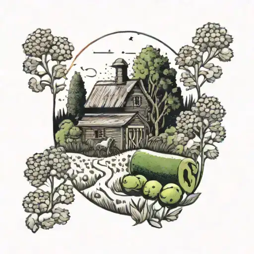A dotwork tattoo of a farm scene with cappy baras frolicking in a field of guacamole tattoo design idea