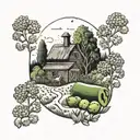 A dotwork tattoo of a farm scene with cappy baras frolicking in a field of guacamole tattoo design idea