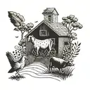 A dotwork tattoo of a farm scene with cappy baras frolicking in a field of guacamole tattoo design idea