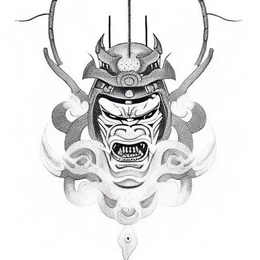 Create a tattoo featuring a samurai demon mask emerging from the void, surrounded by crackling lightning bolts tattoo design idea