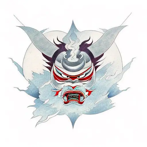 Create a tattoo featuring a samurai demon mask emerging from the void, surrounded by crackling lightning bolts tattoo design idea