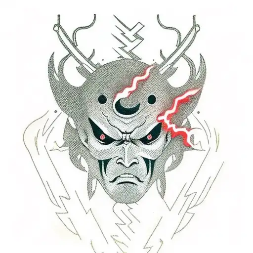 Create a tattoo featuring a samurai demon mask emerging from the void, surrounded by crackling lightning bolts tattoo design idea