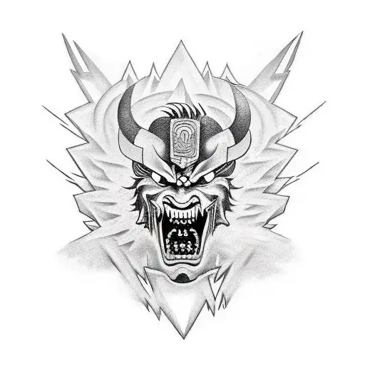 Create a 3D tattoo featuring a samurai demon mask emerging from the void, surrounded by crackling lightning bolts tattoo design idea