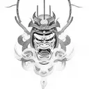 Create a tattoo featuring a samurai demon mask emerging from the void, surrounded by crackling lightning bolts tattoo design idea