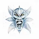 Create a tattoo featuring a samurai demon mask emerging from the void, surrounded by crackling lightning bolts tattoo design idea