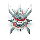 Create a tattoo featuring a samurai demon mask emerging from the void, surrounded by crackling lightning bolts tattoo design idea