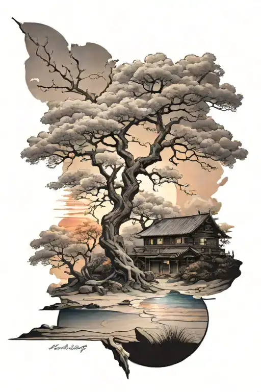 large Sakura tree, cottage in the bottom left corner behind tree, sandy coast with sunset overview in the back, on back tattoo design idea