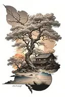 large Sakura tree, cottage in the bottom left corner behind tree, sandy coast with sunset overview in the back, on back tattoo design idea