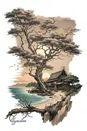 large Sakura tree, cottage in the bottom left corner behind tree, sandy coast with sunset overview in the back, on back tattoo design idea
