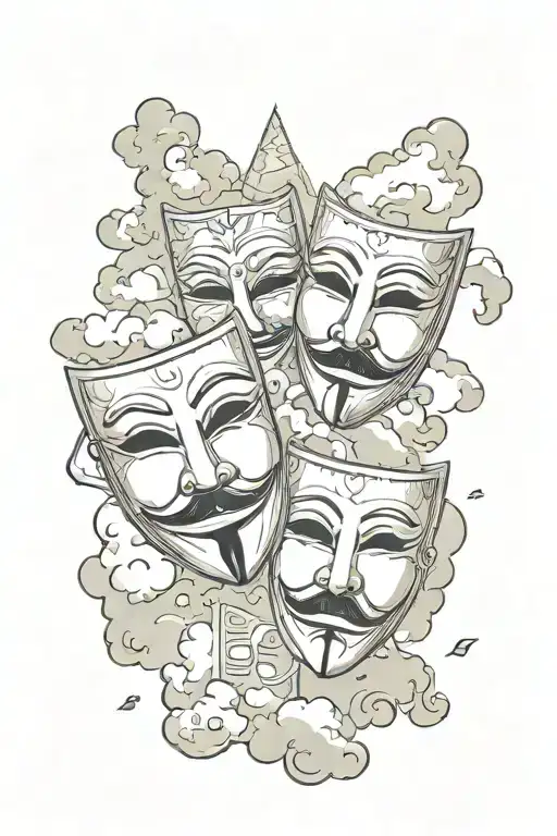 Comedy And Tragedy Masks surrounded shaded clouds with the qoute "Rule number five Show no love. Love will get you kille tattoo design idea