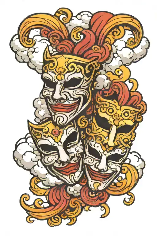 Comedy And Tragedy Theater Masks surrounded by clouds  tattoo design idea